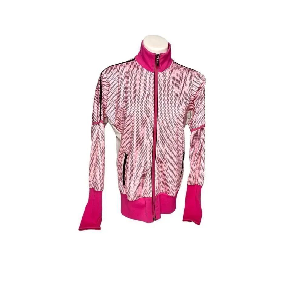 Puma pink and white polka dot full zip athletic jacket size L